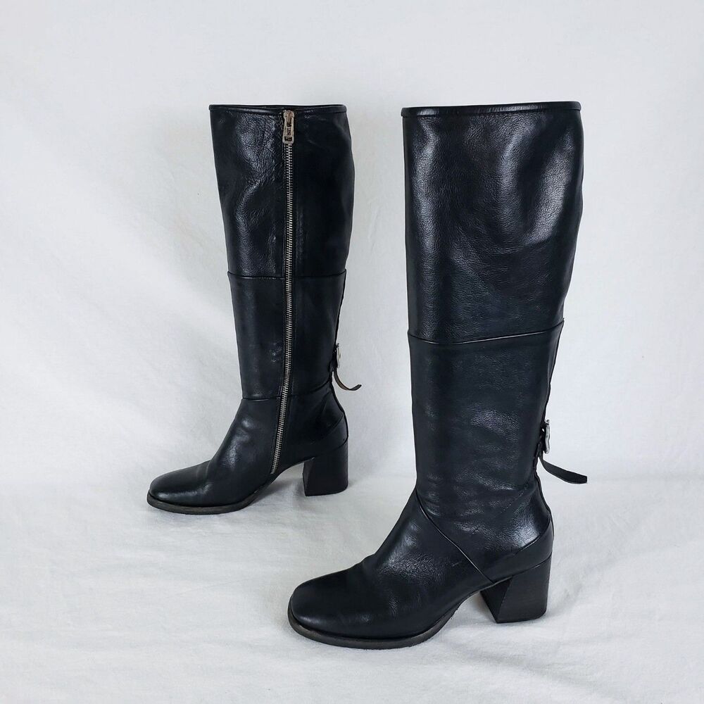 A.S.98 Leather Knee High Boots Womens 37 Moto 90s Minimalism Block Heel Side Zip